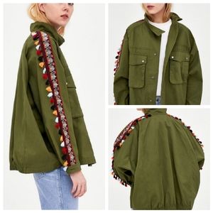 Zara Army Green Oversized Tassel Jacket